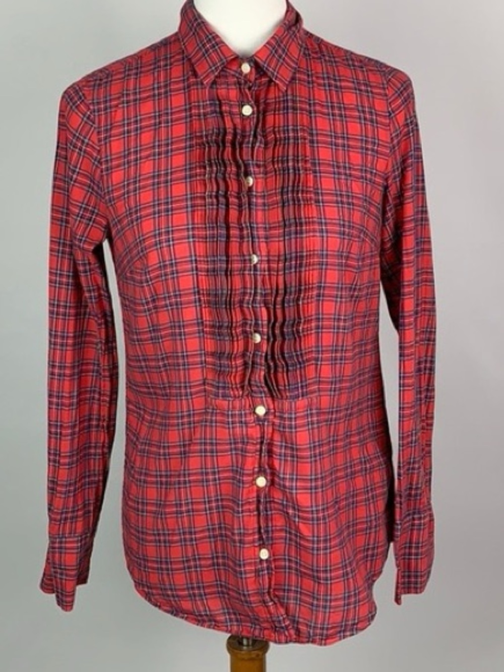 J.Crew Tartan Tuxedo Shirt Size M Red Plaid Ruffle Button Down Holiday 2012